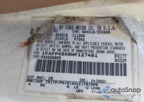 1998 Ford Mustang Gt из США, поврежденный, VIN 1FAFP45X8WF127481